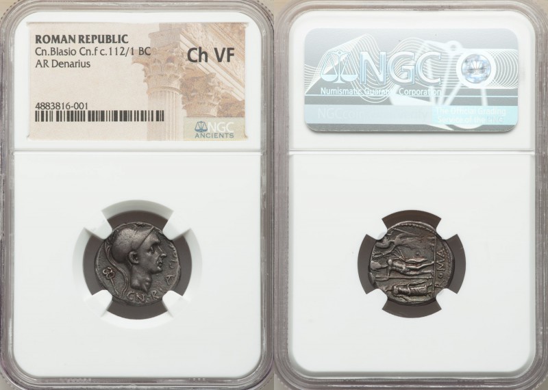 Cn. Blasio Cn. f. (ca. 112/1 BC). AR denarius (18mm, 9h). NGC Choice VF. Rome. C...