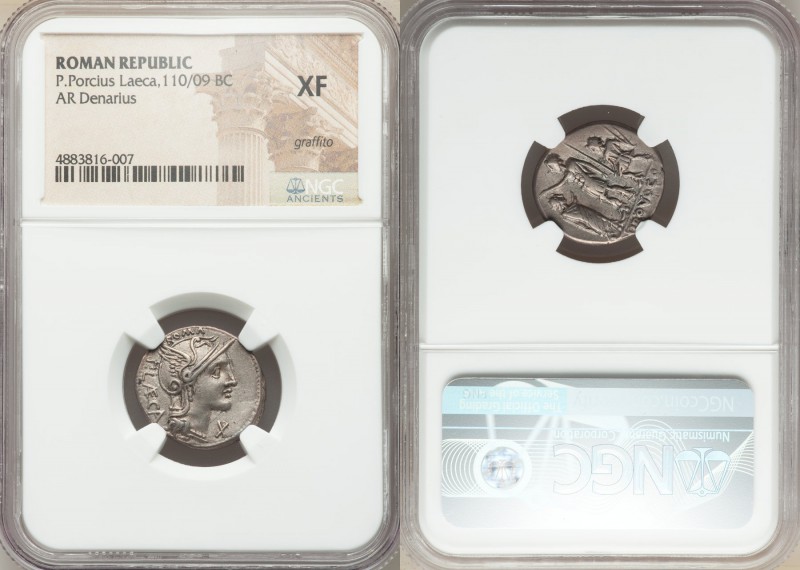 P. Porcius Laeca (ca. 110/9 BC). AR denarius (19mm, 4h). NGC XF, graffito. Rome....
