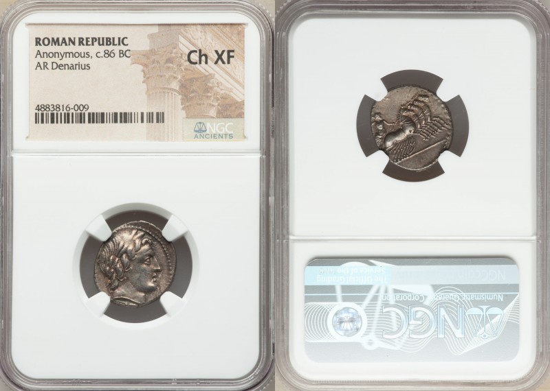 Anonymous. Ca. 86 BC. AR denarius (17mm, 5h). NGC Choice XF. Rome. Head of Apoll...