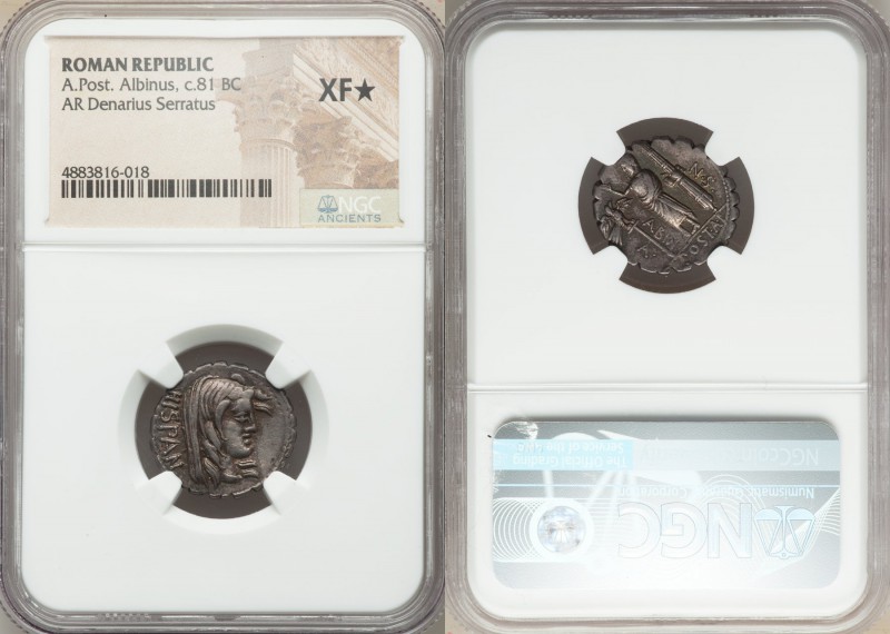 A. Postumius A.f. Sp.n. Albinus (ca. 81 BC). AR denarius serratus (19mm, 4h). NG...