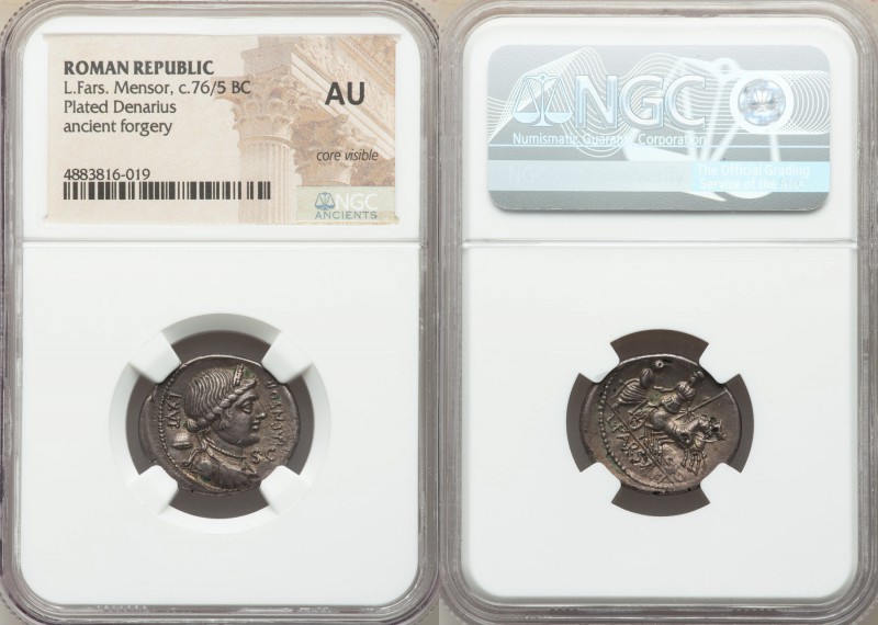 L. Farsuleius Mensor (ca. 76/5 BC). AR/AE fourée denarius (19mm, 8h). NGC AU, co...