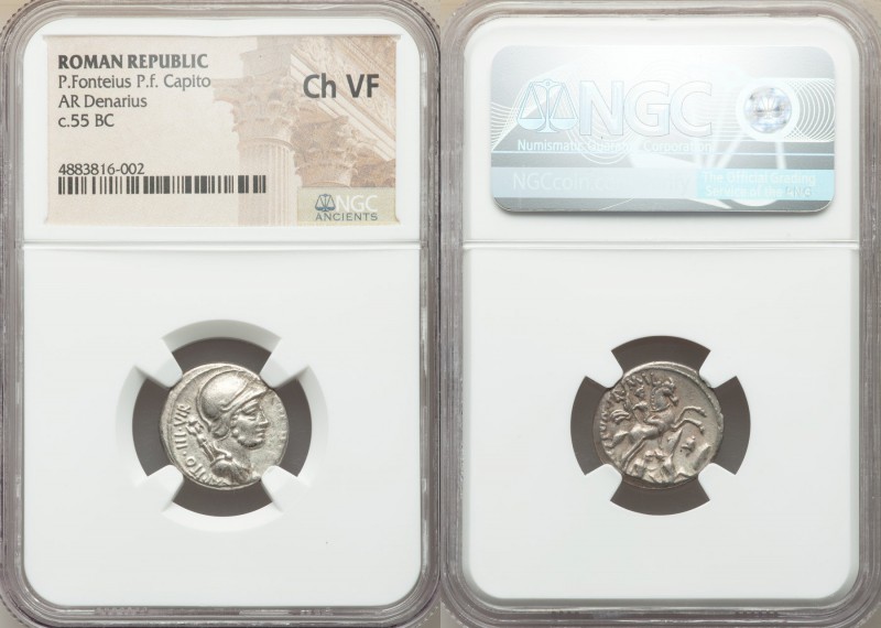 P. Fonteius P.f. Capito (ca. 55 BC). AR denarius (17mm, 10h). NGC Choice VF. Rom...