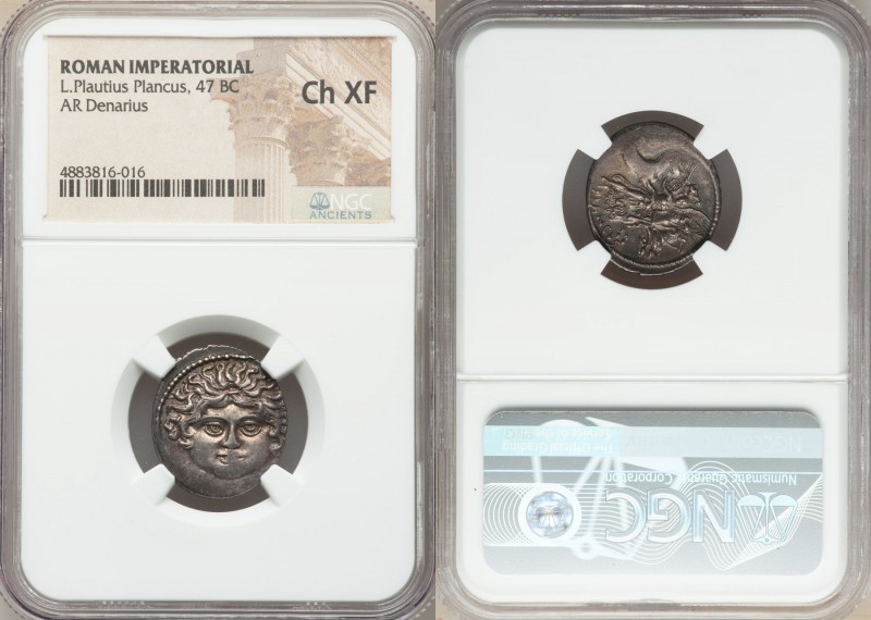 L. Plautius Plancus (ca. 47 BC). AR denarius (18mm, 9h). NGC Choice XF. L•PLAVTI...