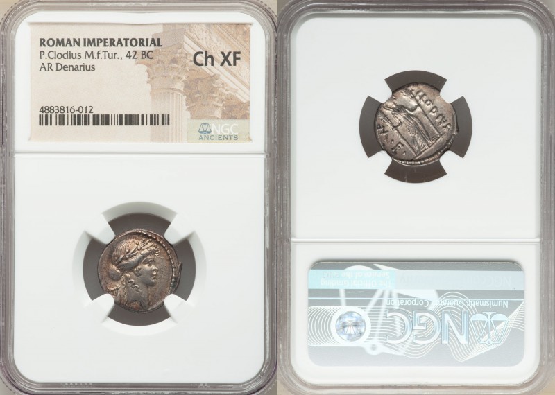 P. Clodius M.f. Turrinus (ca. 42 BC). AR denarius (19mm, 5h). NGC Choice XF. Rom...