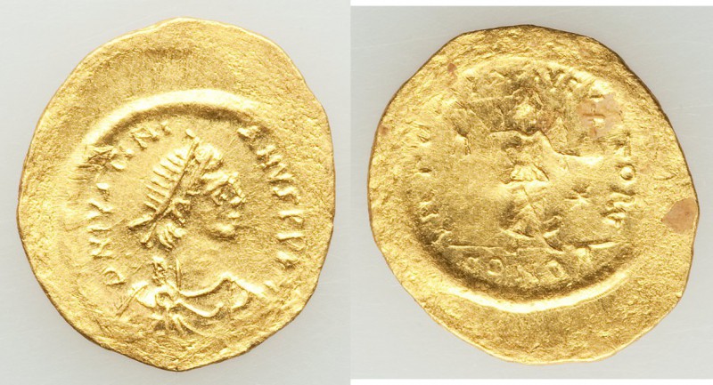 Justinian I the Great (AD 527-565). AV tremissis (15mm, 1.49 gm, 6h). XF, wavy f...
