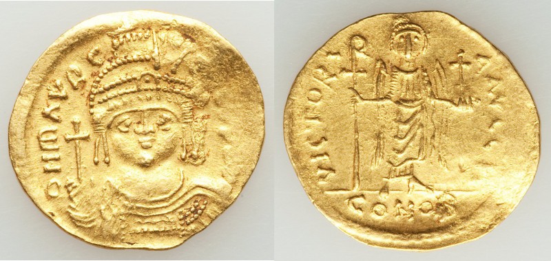 Maurice Tiberius (AD 582-602). AV solidus (22mm, 4.40 gm, 6h). VF. Antioch, 8th ...