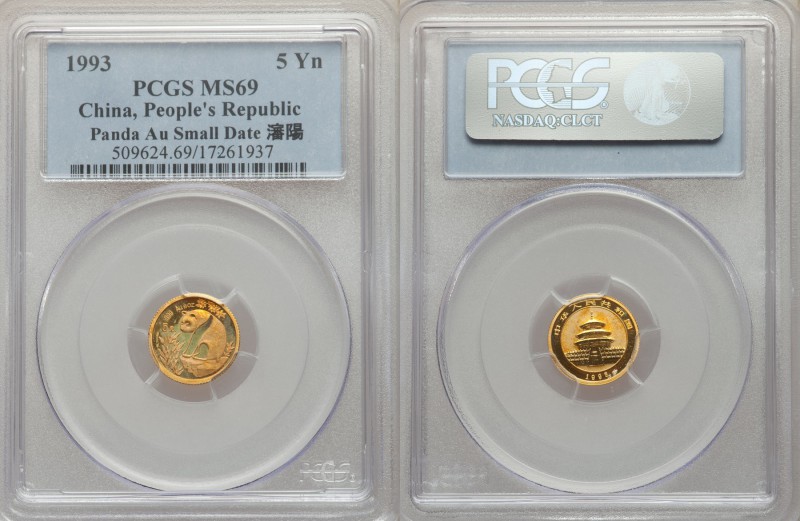 People's Republic gold "Small Date" Panda 5 Yuan (1/20 oz) 1993 MS69 PCGS, KM473...