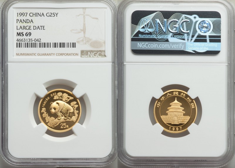 People's Republic gold "Large Date" Panda 25 Yuan (1/4 oz) 1997 MS69 NGC, KM989,...