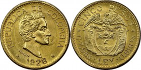 Republic gold 5 Pesos 1928 MS64 NGC, Medellin mint, KM204. AGW 0.2355 oz. 

HID09801242017