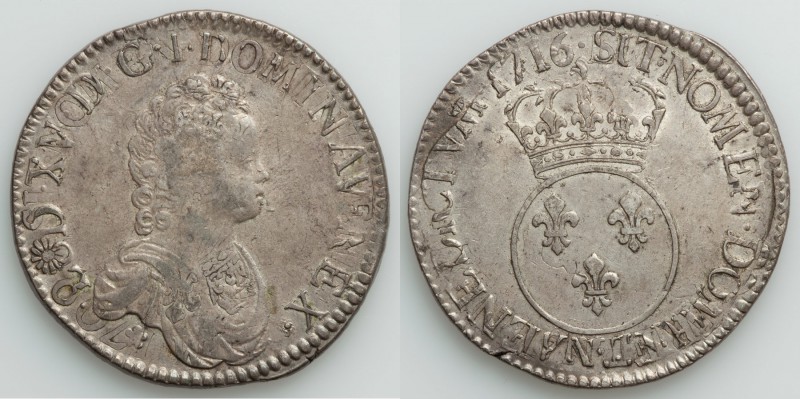 Louis XV Ecu 1716-N XF, Montpellier mint, KM414.14. 42.7mm. 30.33gm. Struck over...
