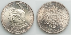Prussia. Wilhelm II 5 Mark 1901 UNC, KM526. 38mm. 27.78gm. Fredrich I, Wilhelm II conjoined busts left / Crowned imperial eagle with shield on breast....