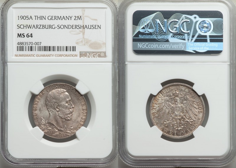 Schwarzburg-Sondershausen. Karl Günther 2 Mark 1905-A MS64 NGC, Berlin mint, Thi...