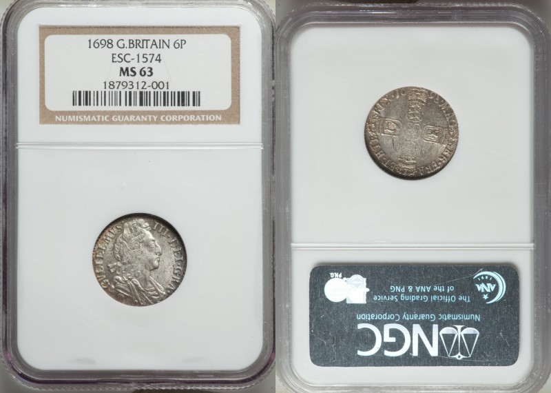 William III 6 Pence 1698 MS63 NGC, Royal mint, KM496.1, ESC-1574. Third bust typ...