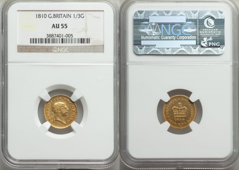 George III gold 1/3 Guinea 1810 AU55 NGC, KM650, S-3740.

HID09801242017