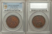 Victoria Penny 1861 MS65 Red and Brown PCGS, KM749.2. Without obverse signature. Attractive lime-green, cobalt and magenta toning.

HID09801242017