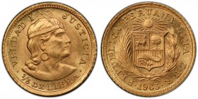 Republic gold 1/5 Libra 1963 LIMA-ZBR MS66 PCGS, Lima mint, KM210. AGW 0.0471 oz. 

HID09801242017