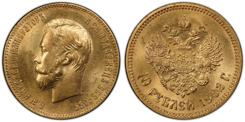 Nicholas II gold 10 Roubles 1902-AP MS65 PCGS, St. Petersburg mint, KM-Y64.

HID...