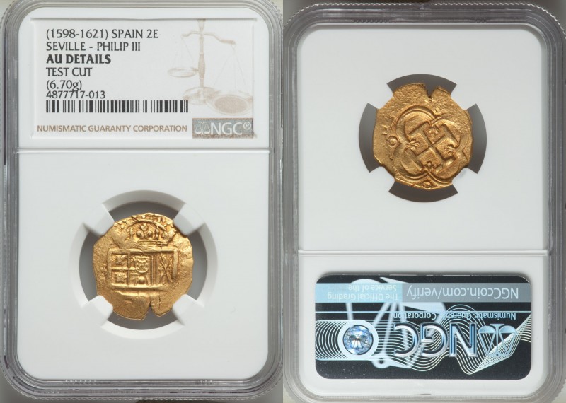 Philip III gold Cob 2 Escudos ND (1598-1621) AU Details (Test Cut) NGC, Seville ...