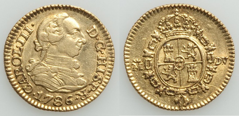 Charles III gold 1/2 Escudo 1786 M-DV XF, Madrid mint, KM425.1. 14.4mm. 1.70gm. ...