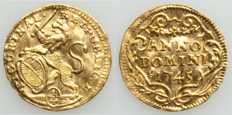 Zurich. City gold 1/4 Ducat 1745 XF (wavy flan), KM138. HMZ-2-1163z. 15.2mm. 0.8...