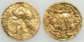 Zurich. City gold 1/4 Ducat 1745 XF (wavy flan), KM138. HMZ-2-1163z. 15.2mm. 0.88gm. From the Allen Moretti Swiss Collection

HID09801242017