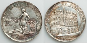 Zurich. City silver "Erection of the Guildhall" Medal 1724 XF (tooled), SM-276. 49.3mm. 47.68gm. AVGVSTIOR ET COMMODIOR surround guild hall, in exerge...