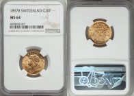 Confederation gold 20 Francs 1897-B MS64 NGC, Bern mint, KM35.1. Popular and attractive design with Helvetia head left and mountains behind. Slightly ...