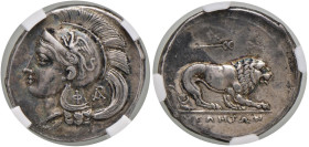 LUCANIA Velia - Didramma (293-280 a.C.) Testa elmata di Atena a s. - R/ Leone andante a d. - S.ANS 1395; HN Italy 1316 AG (g 7,52) In slab Classical C...