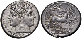 Anonime - Didramma (225-212 a.C.) Testa di Giano - R/ Giove su quadriga a d., sotto, ROMA in rilievo - B. 2; Cr. 44/5 AG (g 6,24)

Status: qSPL