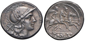 Anonime - Denario (dopo il 211 a.C.) Testa di Roma a d. - R/ I Dioscuri a cavallo a d., sotto, ROMA in rilievo - B. 2; Cr. 44/5 AG (g 3,94) Graffietto...