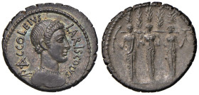 Accoleia - P. Accoleius Lariscolus - Denario (43 a.C.) Busto di Acca Larentia a d. - R/ Le tre statue delle ninfe Querquetulanee - B. 1; Cr. 486/1 AG ...