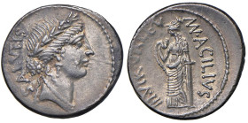 Acilia - Man. Acilius Glabrio - Denario (49 a.C.) Testa della Salute a d. - R/ La Salute stante a s. - B. 8; Cr. 442/1 AG (g 3,74)

Status: SPL+