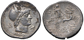 Axia - Lucius Axius L. f. Naso - Denario (71 a.C.) Testa di Marte a d. - R/ Diana su biga di cervi a d, dietro, due cani, davanti, un altro cane - B. ...