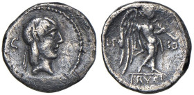 Calpurnia - L. Calpurnius Piso Frugi - Quinario (90 a.C.) Testa di Apollo a d. - R/ La Vittoria stante a d. - B. 13; Cr. 340/2 AG (g 1,91) Graffi diff...
