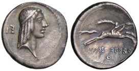 Calpurnia - C. Piso L. f. Frugi - Denario (67 a.C.) Testa di Apollo a d. - R/ Cavaliere al galoppo a d. con un ramo di palma - Cr. 408 AG (g 3,99) Gra...
