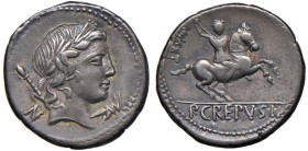 Crepusia - Pub. Crepusius - Denario (82 a.C.) Testa di Apollo a d. - R/ Cavaliere a d. - B. 1; Cr. 361/1 AG (g 3,81) Bel simbolo al D/, bella patina
...