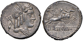 Julia - L. Julius Bursio - Denario (85 a.C.) Testa di Apollo a d. - R/ La Vittoria su quadriga a d. - B. 5; Cr. 352/1 AG (g 3,80) Splendida patina del...