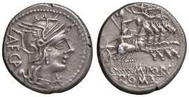 Porcia - M. Porcius Laeca - Denario (125 a.C.) Testa di Roma a d. - R/ La Libertà su quadriga a d. incoronata dalla Vittoria in volo a s. - B. 3; Cr. ...