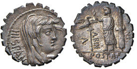 Postumia - A. Postumius A. f. Sp. n. Albinus - Denario (81 a.C.) Testa della Spagna a d. - R/ Personaggio stante a s. tra aquila legionaria e fascio -...