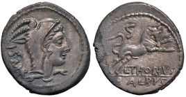 Thoria - L. Thorius Balbus - Denario (105 a.C.) Testa di Giunone Lanuvia a d. - R/ Toro rampante a d. - B. 1; Cr. 316/1 AG (g 3,99) Mancanza di metall...