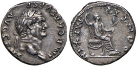 Vespasiano (69-79) Denario - Testa laureata a d. - R/ L'imperatore seduto a d. - RIC 546 AG (g 3,50) Bel ritratto, patina delicata

Status: SPL