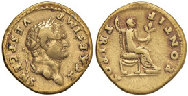 Tito (79-81) Aureo - Testa laureata a d. - R/ L'imperatore seduto a d. - RIC 555 AU (g 7,14) Striatura al D/

Status: BB+