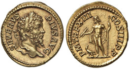 Settimio Severo (193-211) Aureo - Testa laureata a d. - R/ Giove stante a s. - RIC 468 AU (g 7,20) RRR Bellissima colorazione rossiccia, ottimo esempl...