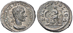 Macrino (217-218) Denario - Busto laureato a d. - R/ La Salute seduta a s. - RIC 84 AG (g 3,21) Bellissimo esemplare con una delicata patina

Status...