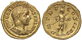Gordiano III (238-244) Aureo - Busto laureato a d. - R/ L'imperatore stante a d. - RIC 16 AU (g 5,43)

Status: SPL+