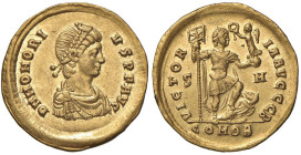 Onorio (393-423) Solido (Sirmium) Busto diademato a d. - R/ L'imperatore stante a d. - RIC 14e AU (g 4,41) R

Status: SPL