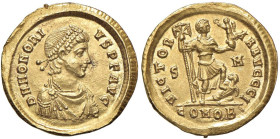 Onorio (393-423) Solido (Sirmium) Busto diademato a d. - R/ L'imperatore stante a d. - RIC 14e AU (g 4,44) R Splendido esemplare dal metallo lucente
...