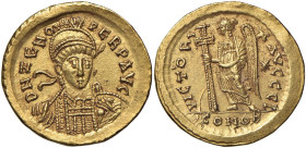 Zeno (476 - 491) Solido (Costantinopoli) Busto elmato di fronte con lancia e scudo - R/ La Vittoria stante a s. - RIC 911 AU (g 4,48)

Status: SPL