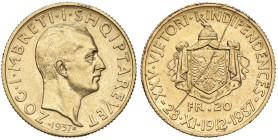 ALBANIA Zogu (1925-1939) 20 Franga 1937 R - Nomisma 14 AU (g 6,45) R Graffio e colpo al R/

Status: BB/BB+