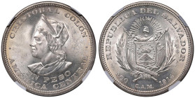 EL SALVADOR Peso 1914 C.A.M. - KM 115 AG Conservazione eccezionale, corredato di una splendida patina. In slab NGC MS 64 cod. 8218152-008. Top Pop, mi...
